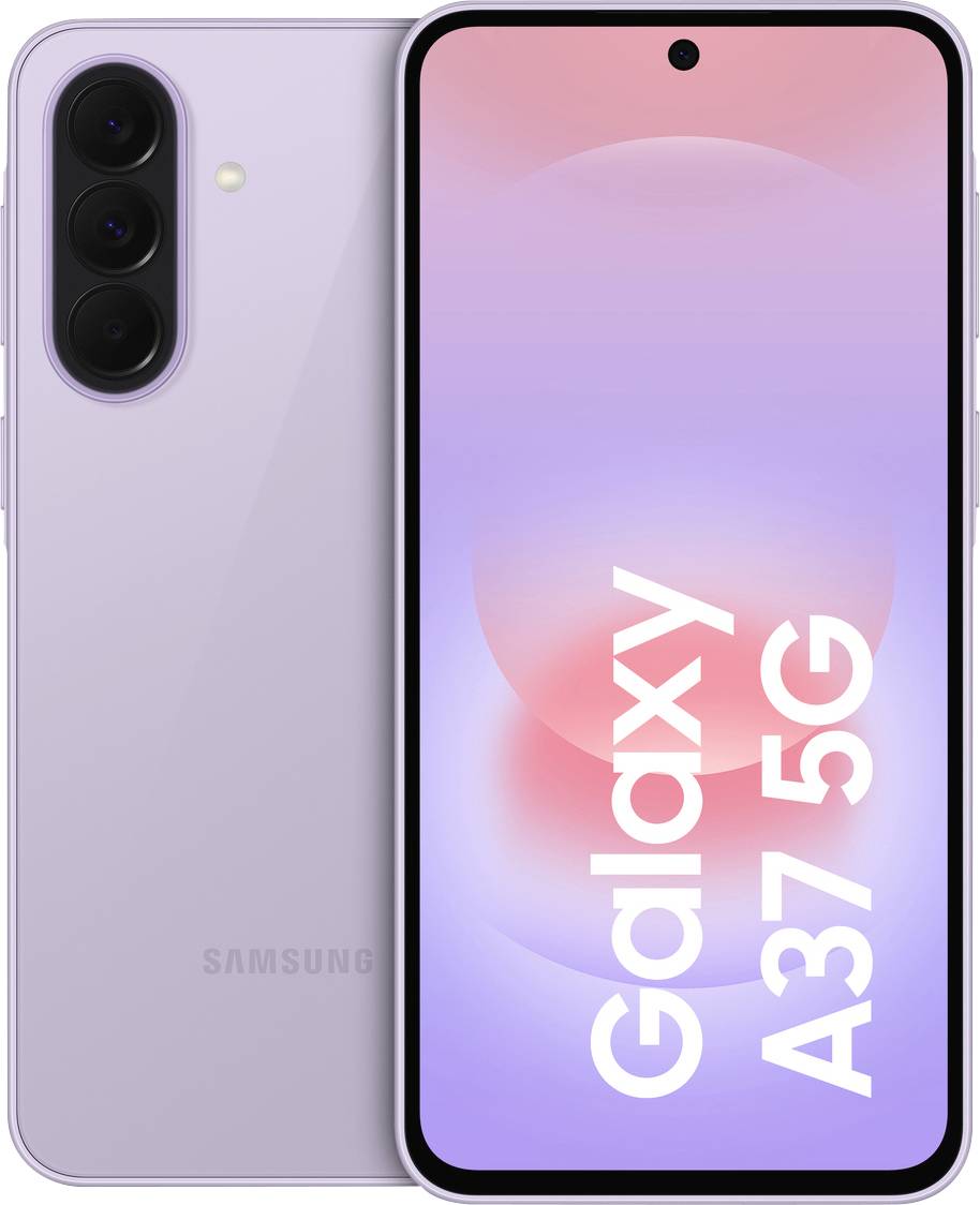 Samsung Galaxy A37 5G Smartphone in Hellviolett von vorne und hinten gezeigt, mit Dreifach-Rückfahrkameras und 