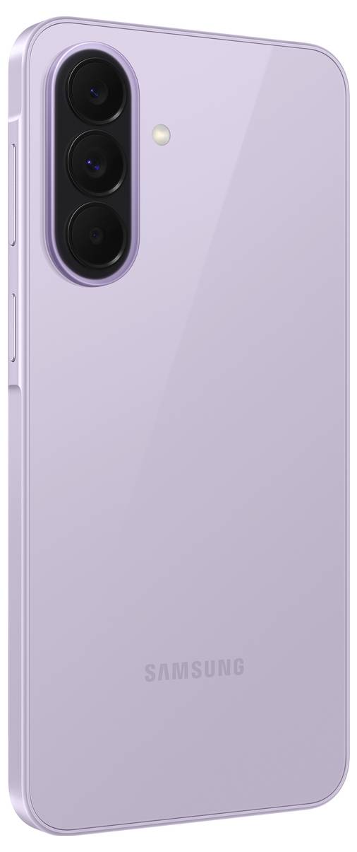 Lavendelfarbenes Samsung-Smartphone von hinten gezeigt, mit drei vertikal übereinander angeordneten Rückfahrtkameras und einem Blitz.