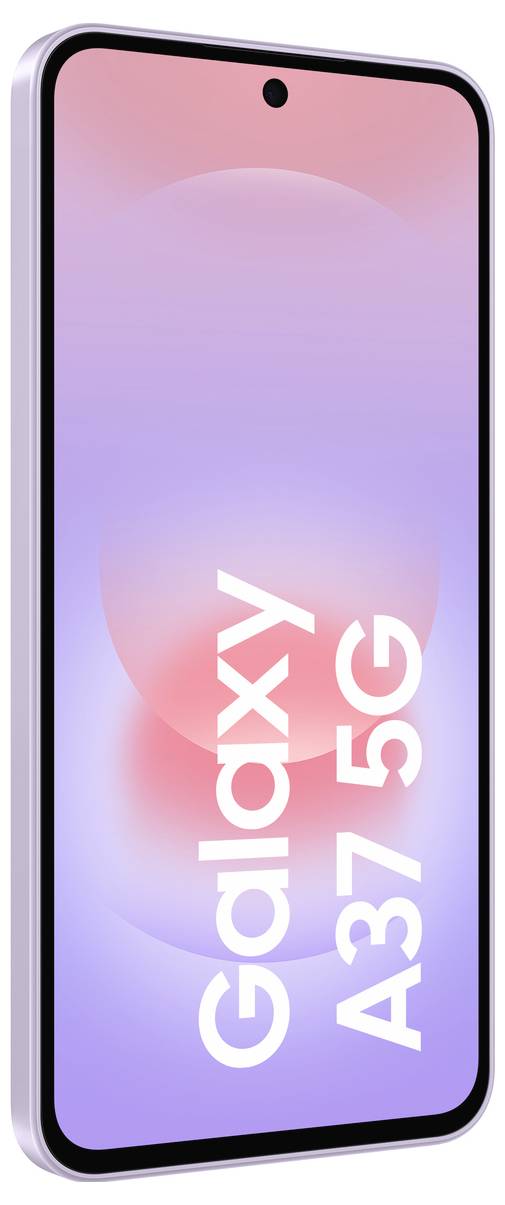 Samsung Galaxy A37 5G Smartphone in Schrägansicht mit pink-violettem Bildschirm, auf dem 