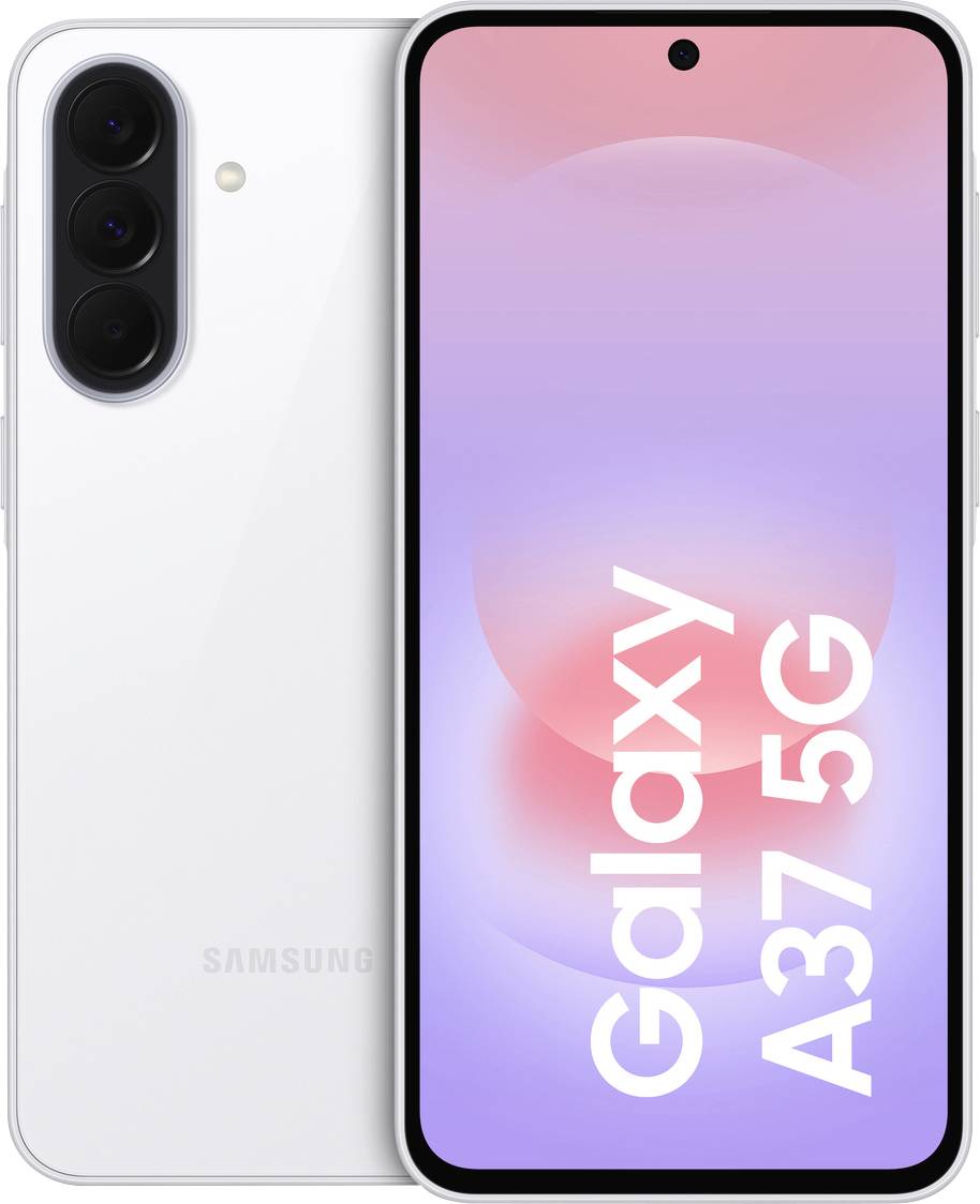 Samsung Galaxy A37 5G Smartphone, shown von vorne und hinten in Weiß, mit dreifacher Rückfahrtkamera und rosa-violettem Display mit der Aufschrift „Galaxy A37 5G