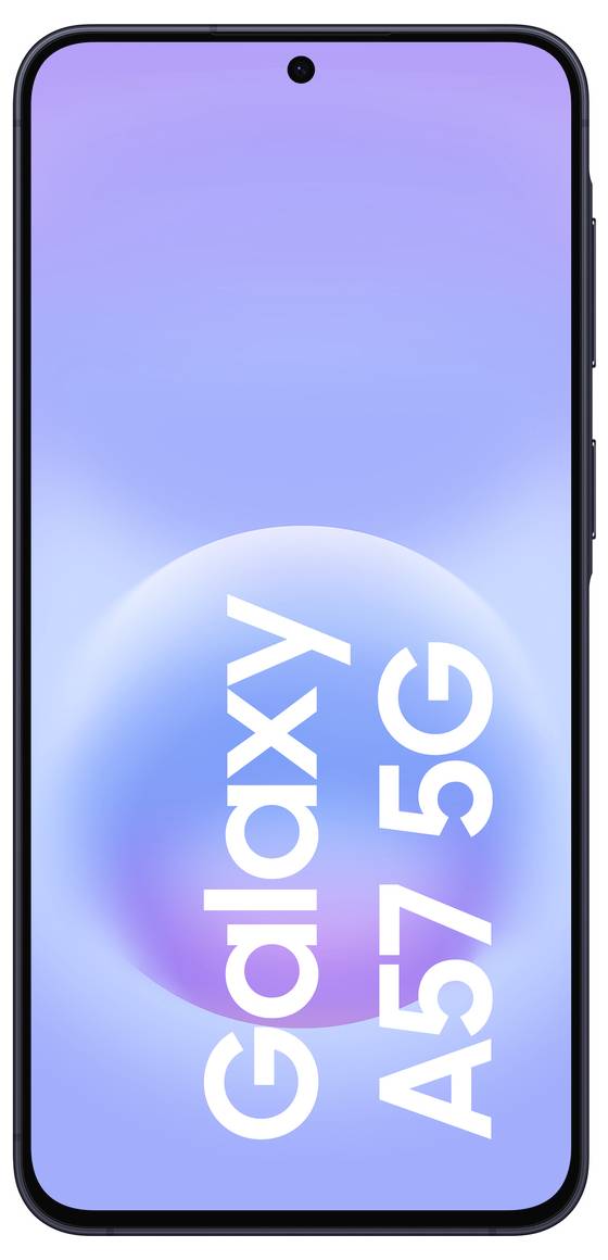 Frontansicht eines Samsung Galaxy A57 5G Smartphones mit einem blauem Farbverlauf-Bildschirm, der das Logo 