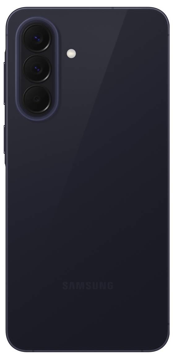 Rückseite eines dunklen Samsung-Smartphones mit dreifacher Rückkamera in einem vertikalen Modul und einem LED-Blitz in der Nähe der oberen linken Ecke.