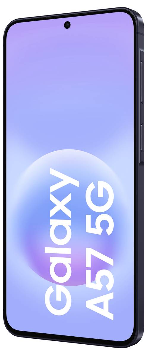 Vorderansicht eines Samsung Galaxy A57 5G Smartphones mit einem lila Farbverlauf-Bildschirm, der das Logo „Galaxy A57 5G