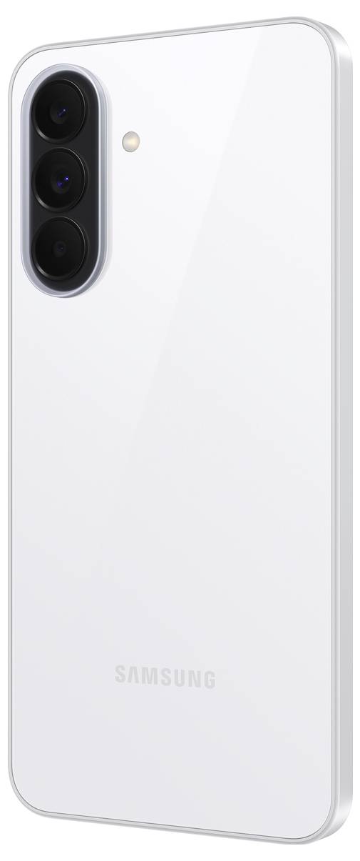 Weißes Samsung Galaxy A37 5G-Smartphone aufrecht auf einem rosa-violetten Farbverlauf-Hintergrund gezeigt, Vorderbildschirm zeigt „Galaxy A37 5G