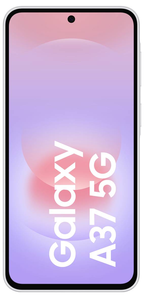 Vorderansicht eines Samsung Galaxy A37 5G Smartphones mit einem rosa-lila Farbverlauf-Hintergrundbild und dem Text 