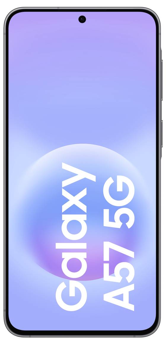 Vorderansicht eines Samsung Galaxy A57 5G Smartphones mit einem blau-zu-lila Farbverlauf auf dem Bildschirm, der das Logo 