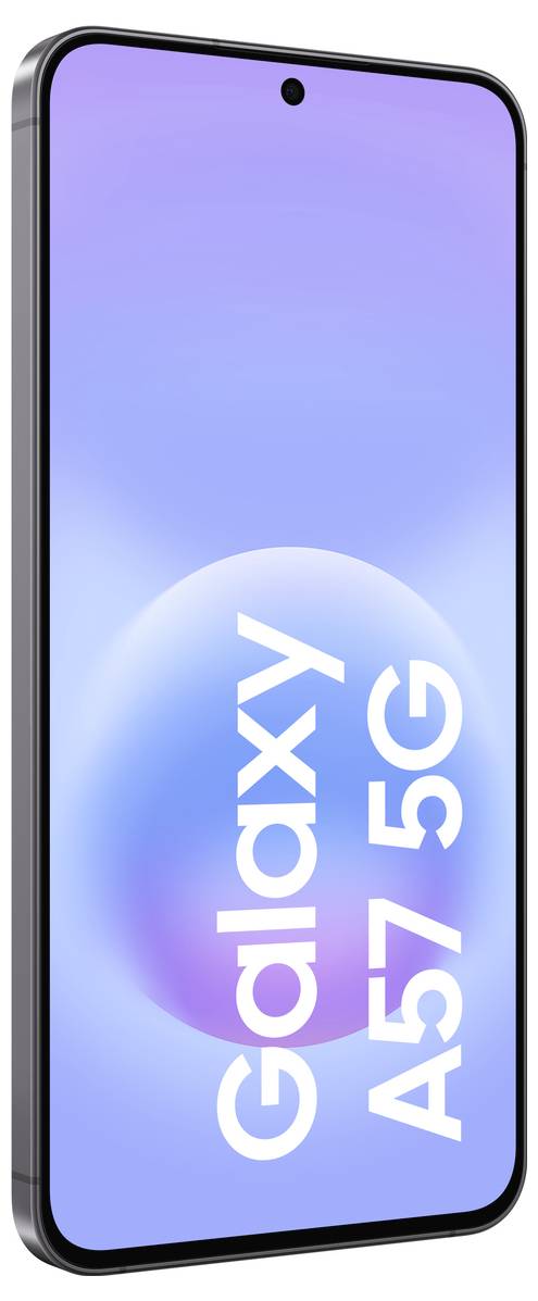Nahaufnahme eines Samsung Galaxy A57 5G Smartphones, das in einem Winkel gezeigt wird, mit einem blau-violetten Bildschirm und zentriertem frontalem Kameraloch.