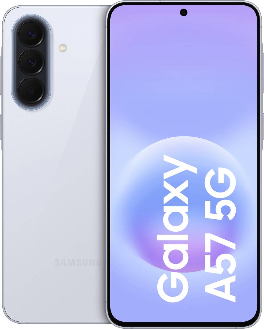 Samsung Galaxy A57 5G Smartphone von vorne und hinten gezeigt, mit dreifacher Rückkamera und blau-violettem Display, auf dem 