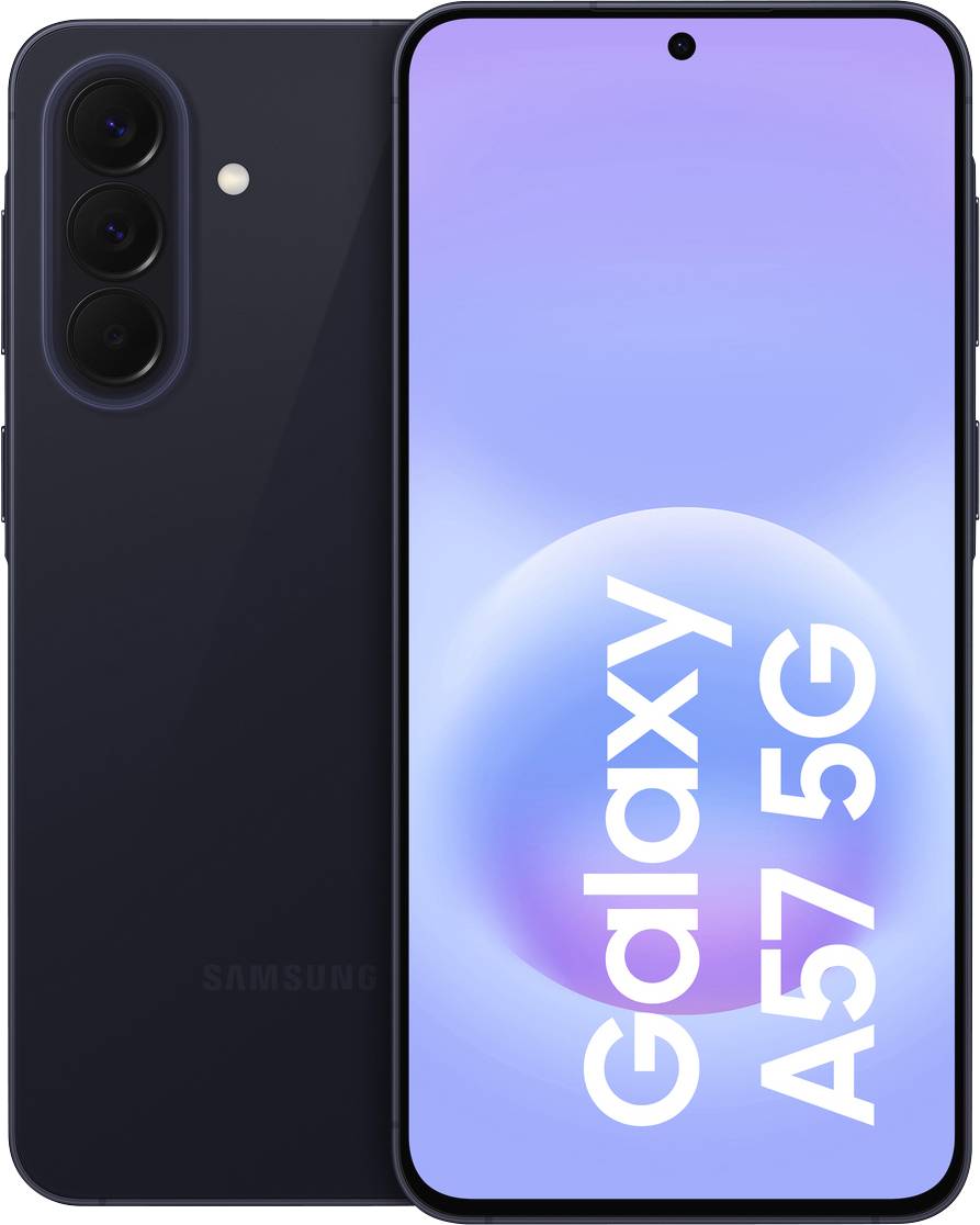 Samsung Galaxy A57 5G Smartphone von vorne und hinten gezeigt, mit dreifacher Hintergrundkamera und zentriertem Punch-Hole-Display, das den Modellnamen anzeigt.