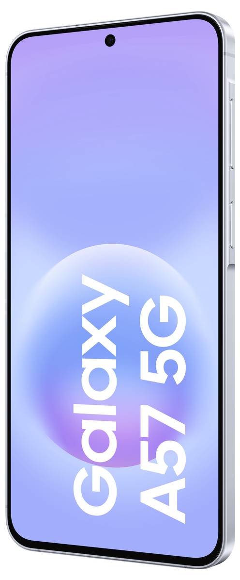 Ein Galaxy A57 5G Smartphone in Schrägansicht mit blauviolettem Bildschirm und zentriertem Kameraloch-Punch.