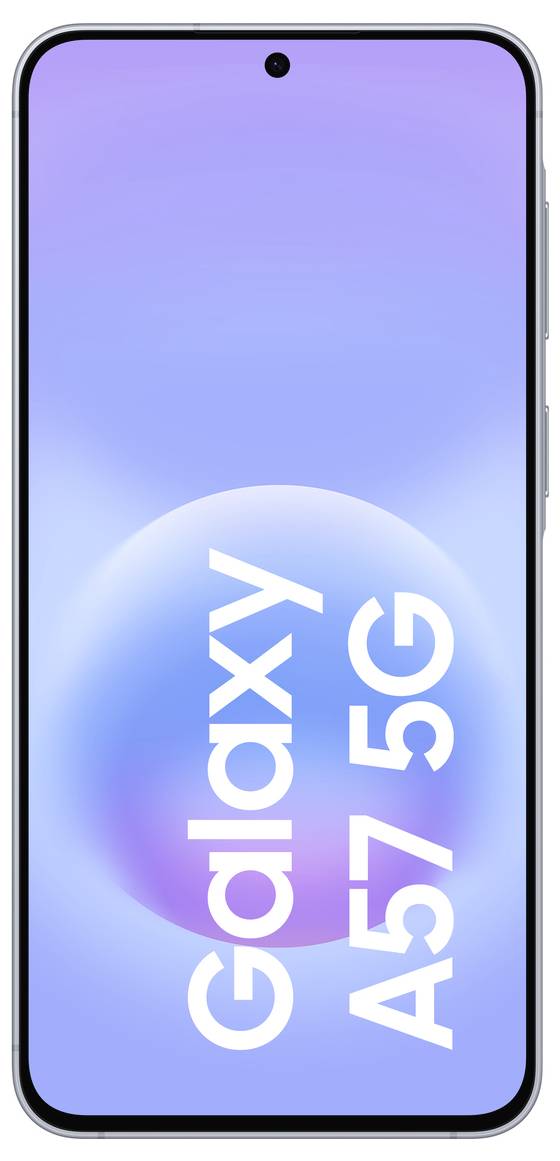 Frontansicht eines Samsung Galaxy A57 5G-Smartphones mit einem blau-lila Farbverlauf-Bildschirm, auf dem das Logo 