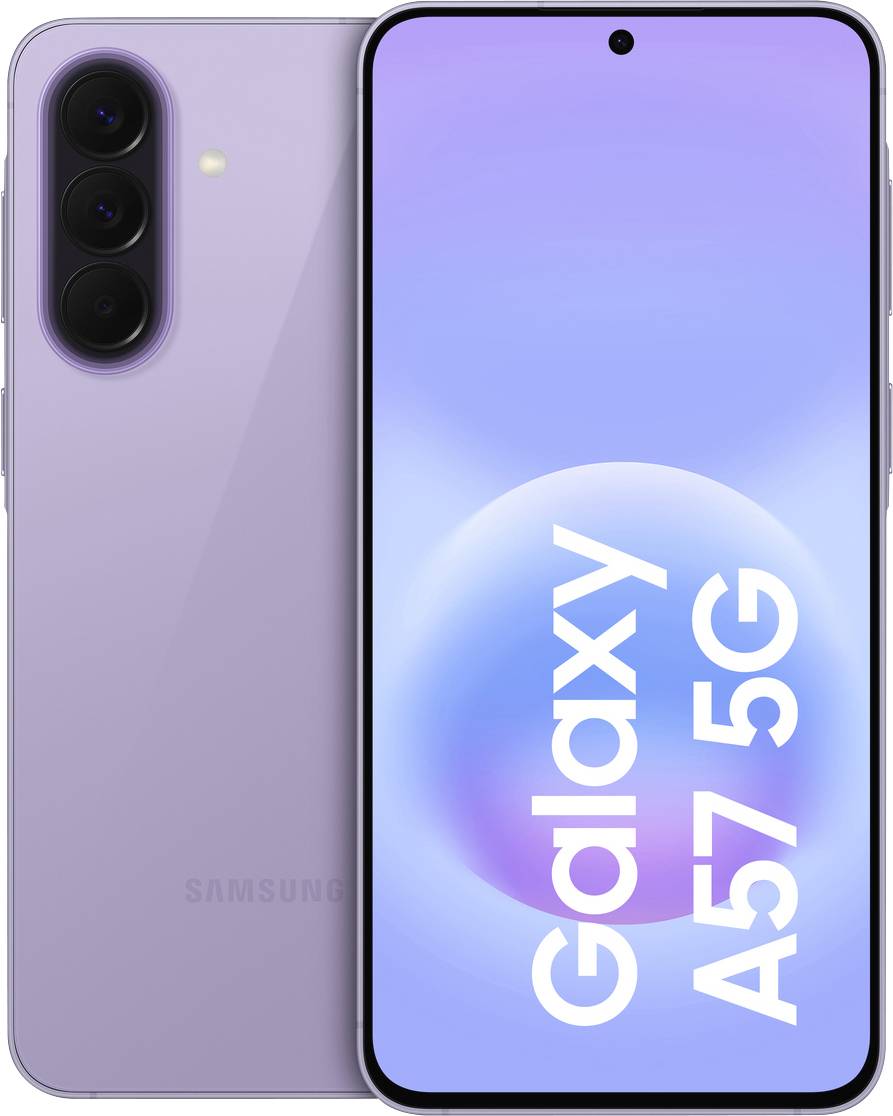 Samsung Galaxy A57 5G Smartphone von vorne und hinten in Lavendelfarbe dargestellt, mit dreifacher Rückfahrtkamera und einem Punch-Hole-Display mit der Aufschrift „Galaxy A57 5G