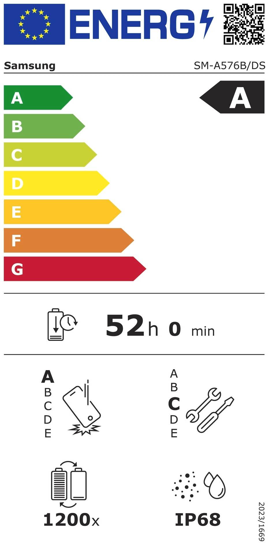 Samsung Energieetikett für SM-A576B/DS: Klasse A, 52h Akkulaufzeit, 1200 Ladzyklen, IP68 Wasser- und Staubbeständigkeit.