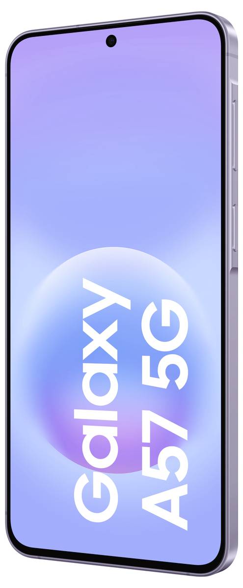 Samsung Galaxy A57 5G Smartphone von vorne und von der Seite auf einem blauvioletten Bildschirm dargestellt, wobei der Name „Galaxy A57 5G