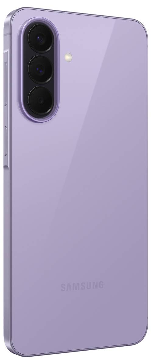 Rückseite eines violetten Samsung-Smartphones mit einem dreifachen Hintergrund-Kameramodul und Blitz.