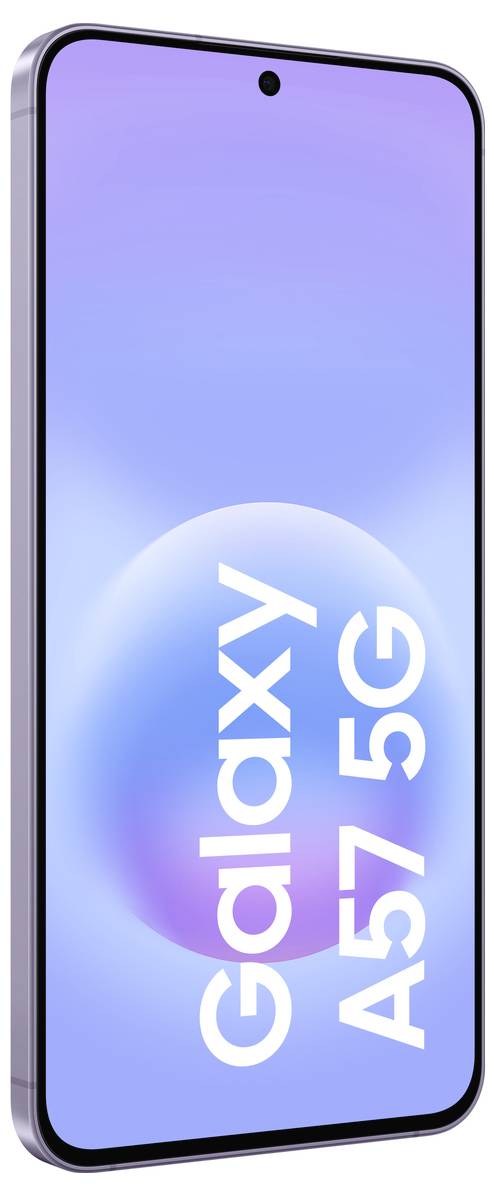 3D-Rendering eines Samsung Galaxy A57 5G-Smartphones in schräger Perspektive, wobei der Bildschirm einen violett-blauen Farbverlauf aufweist und den Text „Galaxy A57 5G