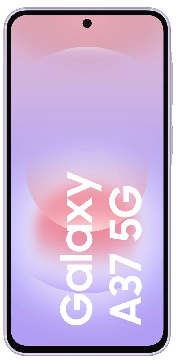 Samsung Galaxy A37 5G Smartphone von vorne mit einem violett-rosa Farbverlauf auf dem Bildschirm und zentrierter Lochkamera, wobei 