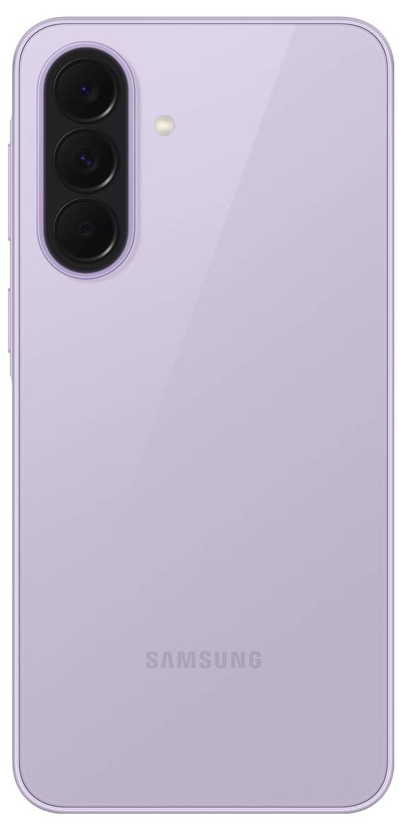 Rückseite eines lavendelfarbenen Samsung-Smartphones mit vertikalem Dreifach-Kamera-Array und Blitz in der oberen linken Ecke.