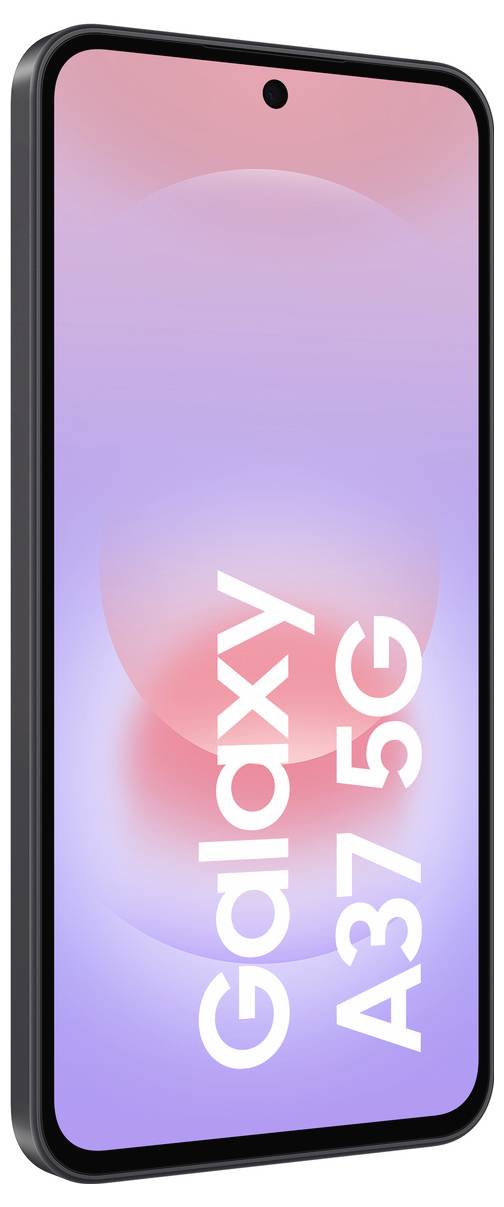 Schwarzes Smartphone, das aus einem Winkel gezeigt wird, mit einem rosa-lila Farbverlauf auf dem Bildschirm, auf dem der Text 