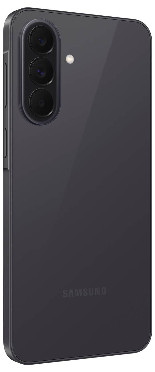 Rückseite eines dunkelgrauen Samsung-Smartphones mit einem dreifachen Kameramodul auf der Rückseite und Blitz oben links.