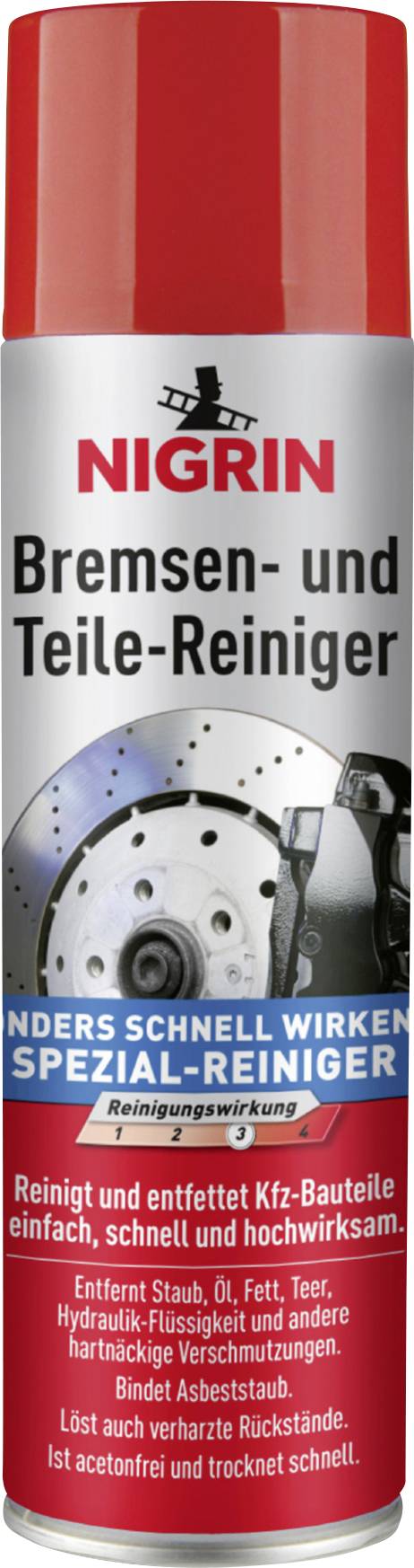 Eine rot-silberne Nigrin-Sprühdose mit der Aufschrift „Bremsen- und Teile-Reiniger