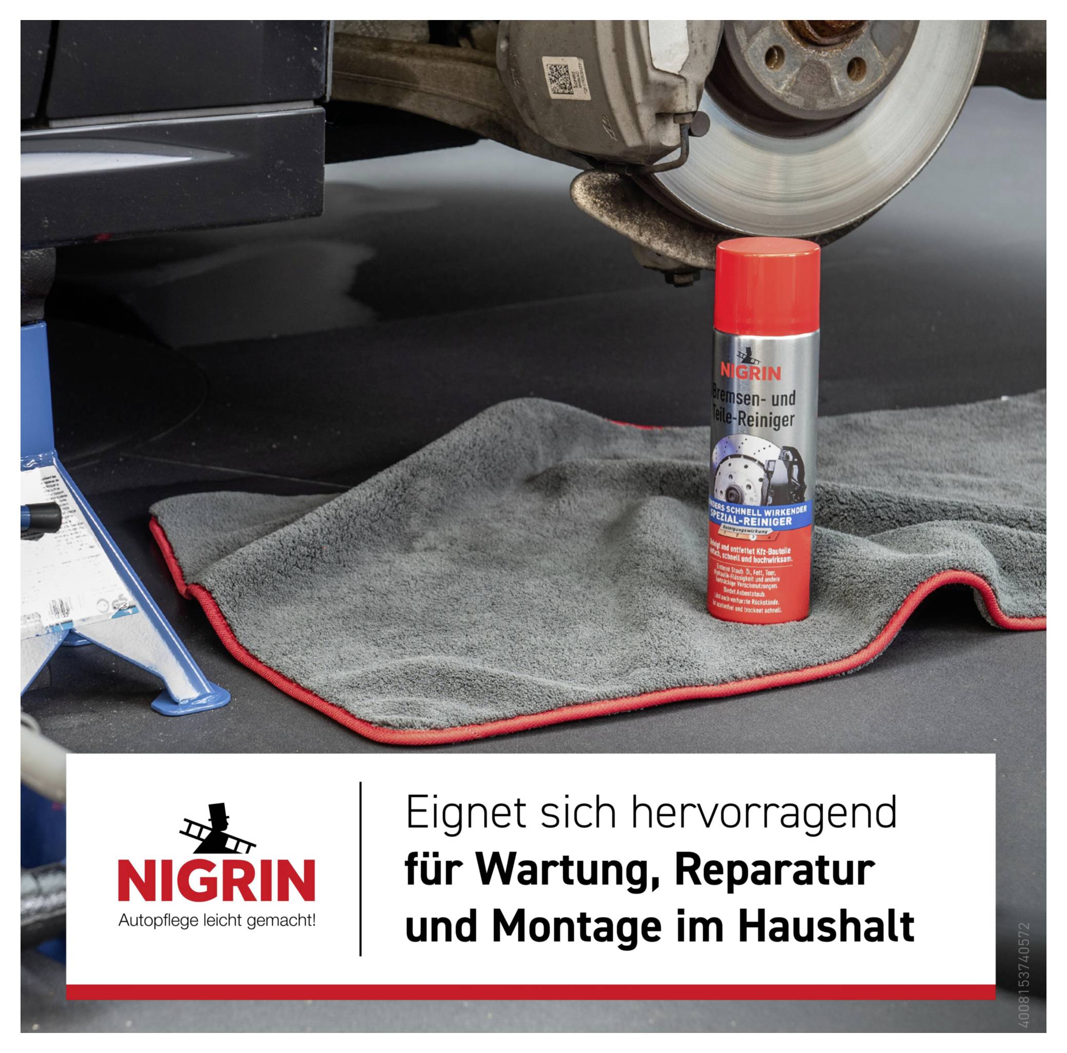 NIGRIN Bremsreiniger Spraydose neben einem Autoheirad und Handtuch stehend, mit deutscher Werbung, die die Verwendung zur Wartung, Reparatur und Montage zu Hause bewirbt.