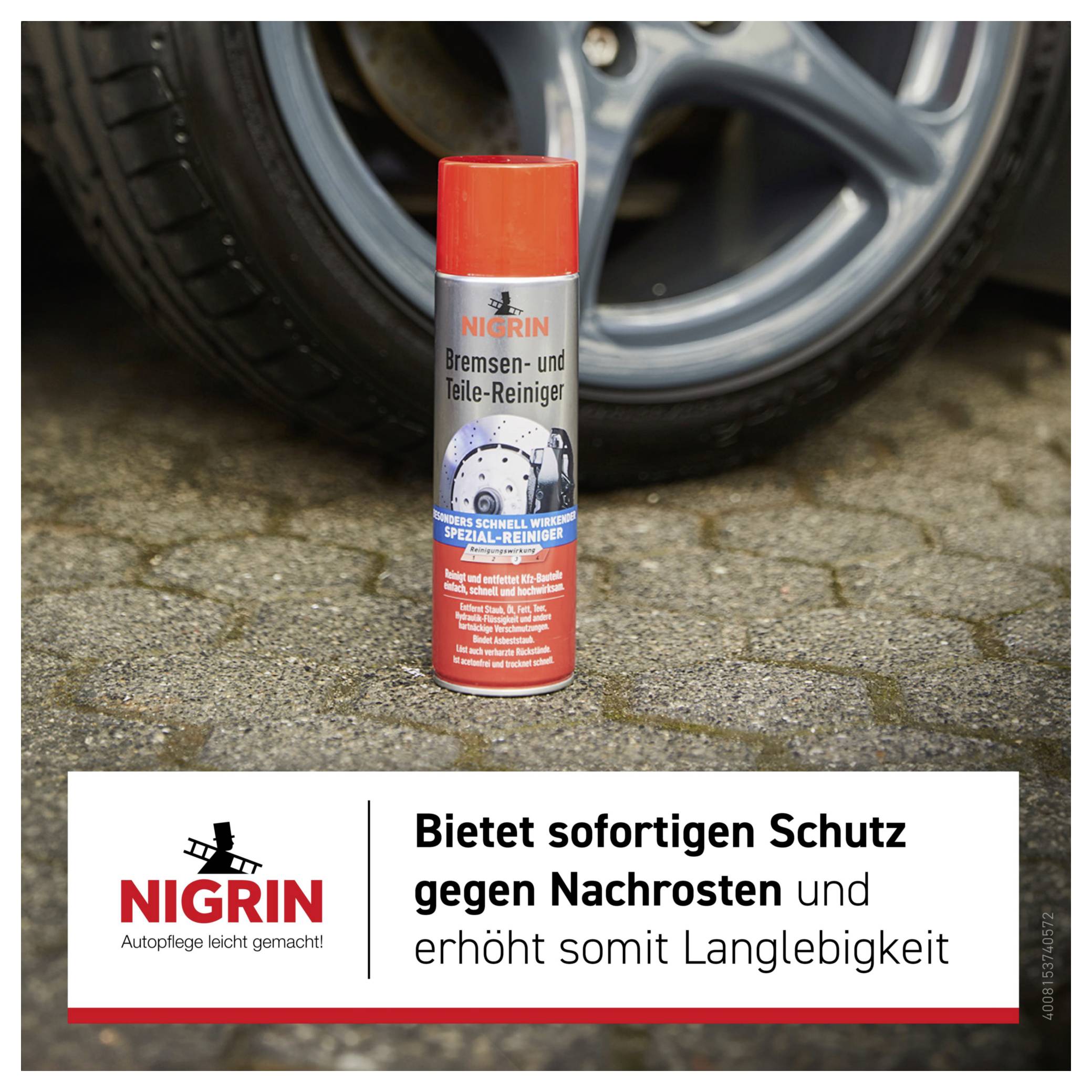 NIGRIN Bremsen- und Teilereiniger Sprühdose, die vor einem Autrad steht, mit Werbetext, der sofortige Rostschutzwirkung und längere Haltbarkeit verspricht.