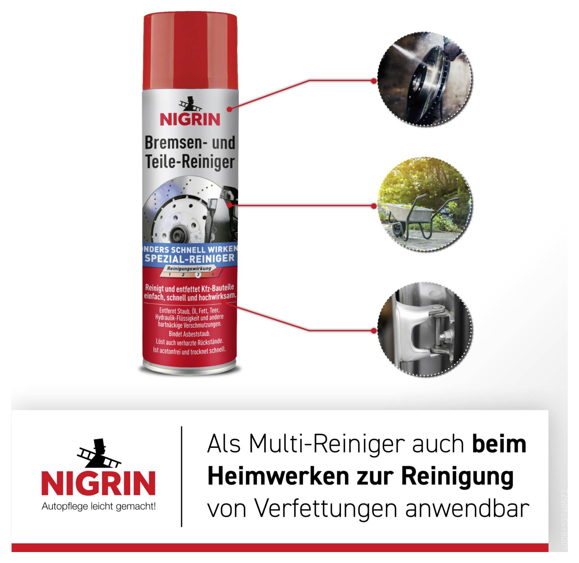 NIGRIN Bremsen- und Teilereiniger-Sprühdose mit Beschriftungen zum Einsatz an Bremseteilen, Fahrradketten und Scharnieren; der Text besagt, dass er auch zum Reinigen bei DIY-Arbeiten geeignet ist.