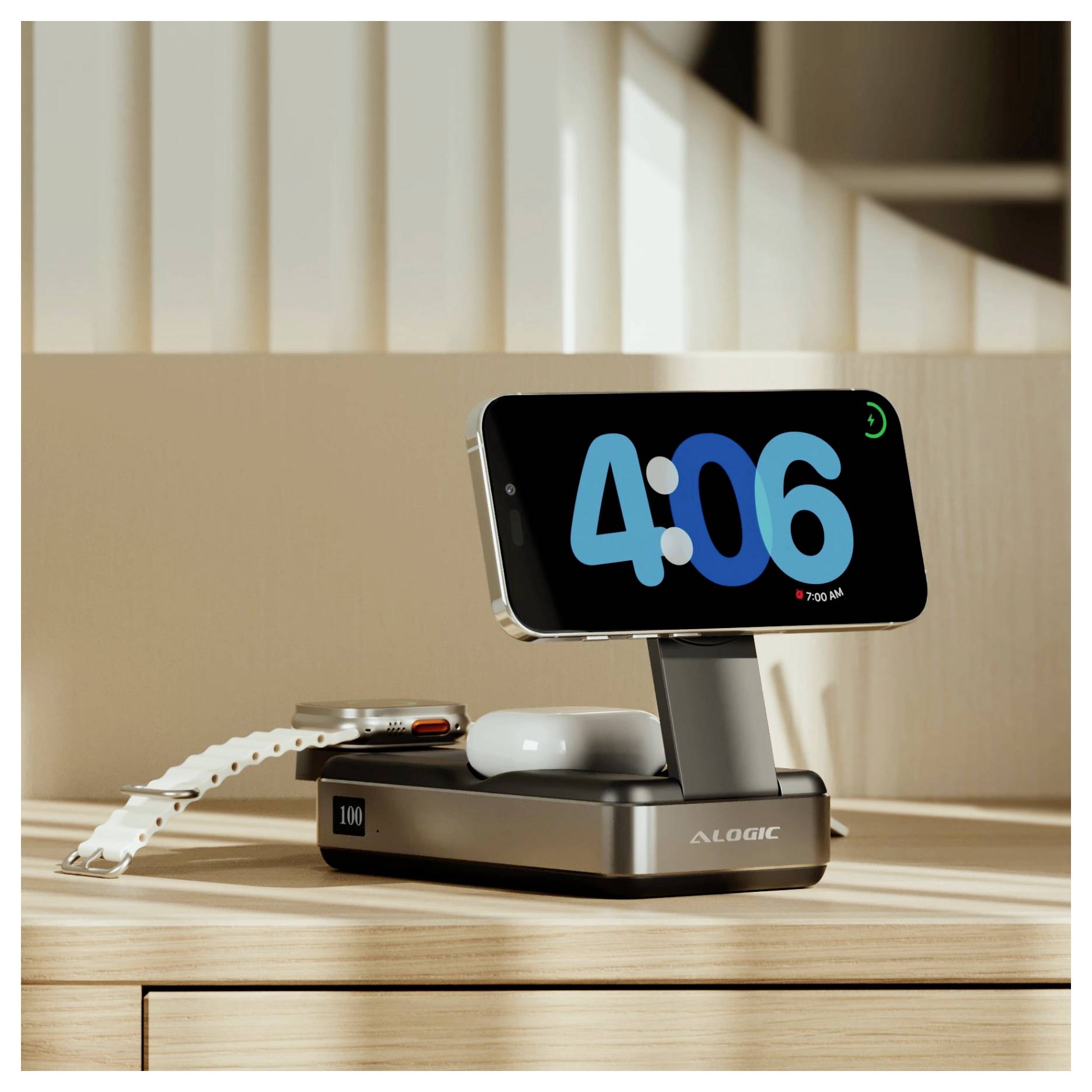 Drahtloses Ladedock mit einem Smartphone, das „4:06
