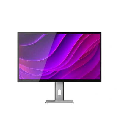 Vorderansicht eines Desktop-Monitors mit einem violetten abstrakten Wellen-Hintergrundbild auf weißem Hintergrund.