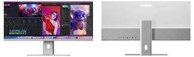 Nebeneinander-Vergleich von zwei Desktop-Monitoren: Links zeigt ein farbenfroher Bildschirm mit mehreren Bildern und einer Videobearbeitungsoberfläche; Rechts zeigen sich die schlichte graue Rückseite und der Ständer des Monitors.