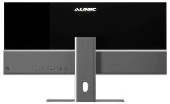 Rückansicht einer ALOGIC-Monitorhalterung oder eines Ständers mit zentraler vertikaler Halterung und breiter Basis auf weißem Hintergrund.
