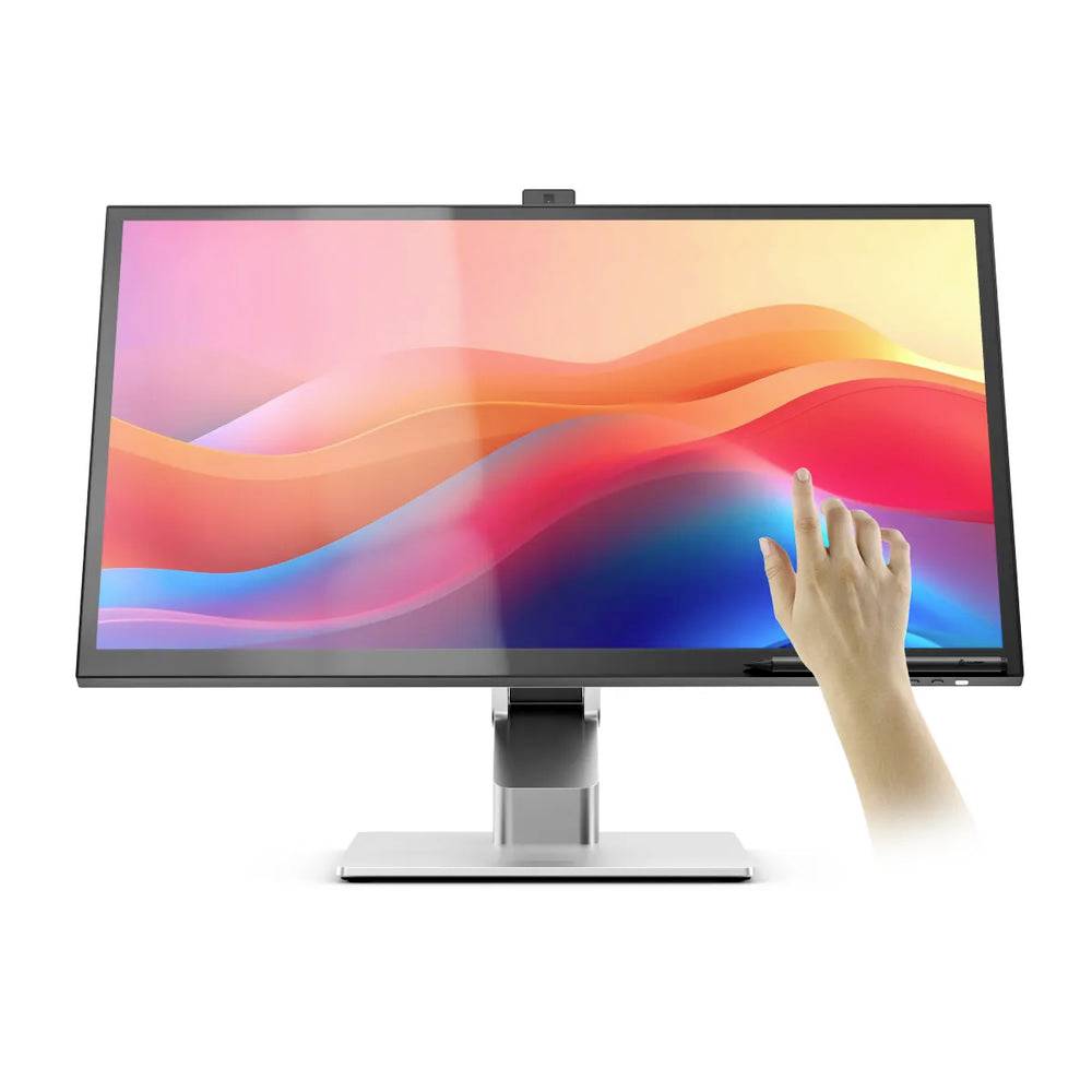 Monitor mit Touchscreen, der bunte abstrakte Wellen anzeigt, mit einer Hand, die auf die untere rechte Seite des Bildschirms tippt.