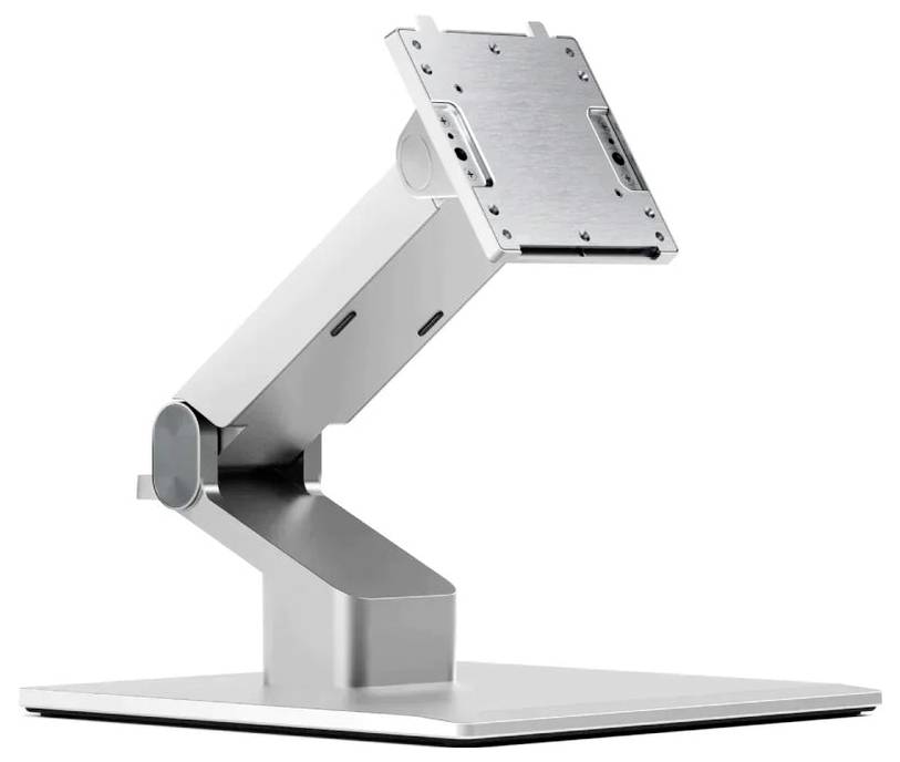 Verstellbarer Metallnotebookständer auf einer flachen rechteckigen Basis, dargestellt in einer Seitenansicht mit einer geneigten oberen Plattform.
