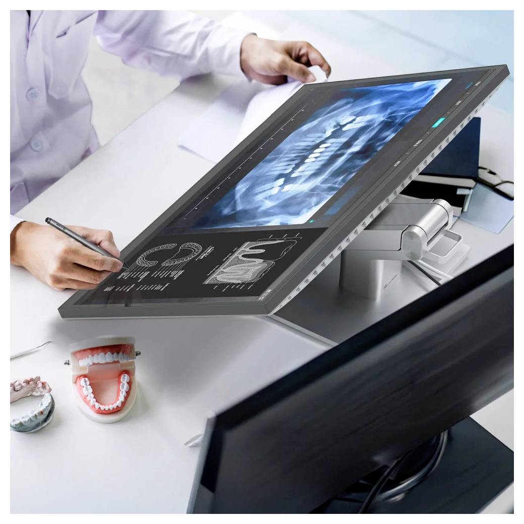 Zahnarzt, der einen Touchscreen-Monitor nutzt, um Zahnröntgenaufnahmen und Patientendaten neben einem Kiefer- und Zahnmodell auf einem Schreibtisch in einer Klinik zu überprüfen.