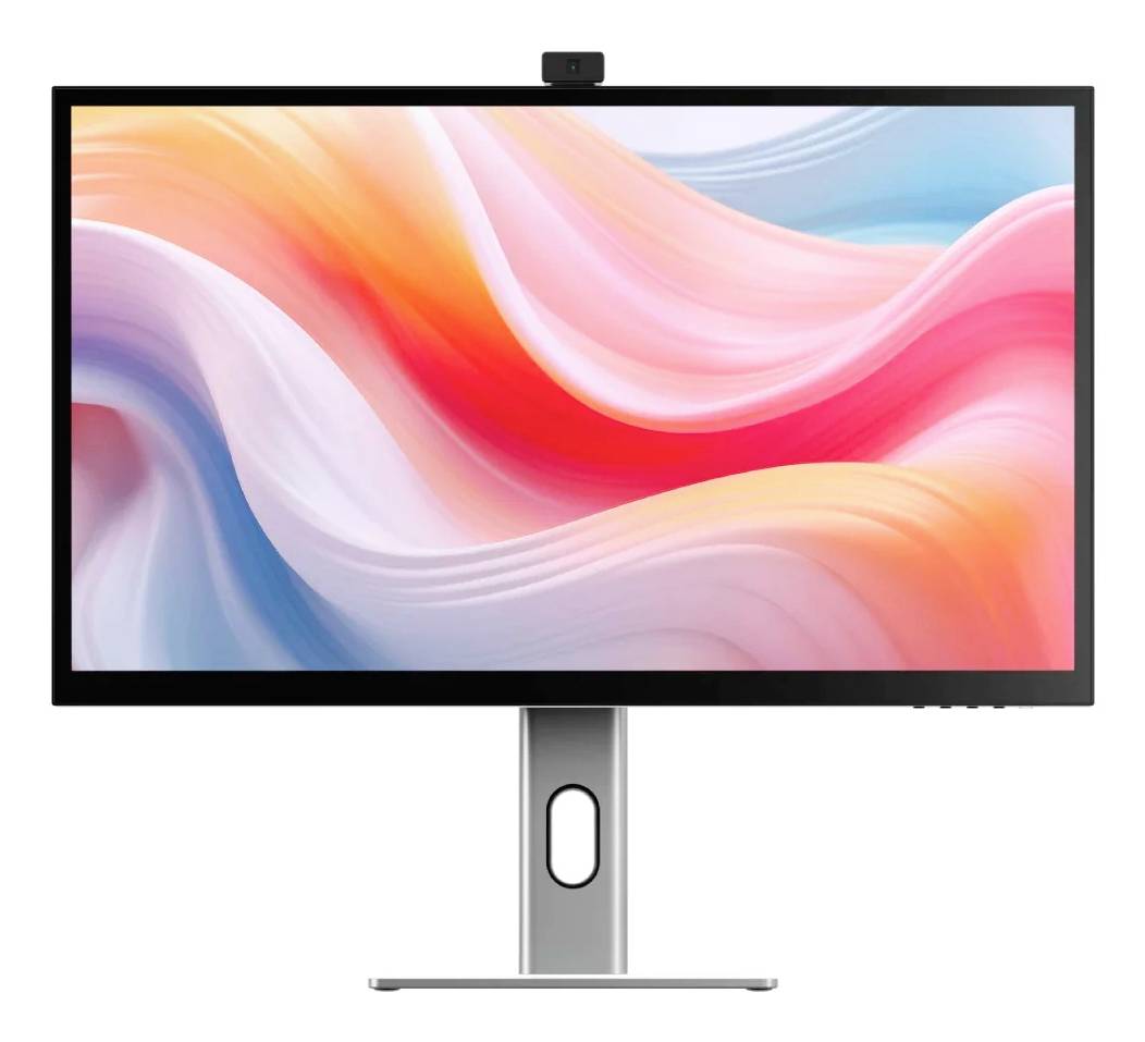 Moderner Desktop-Monitor mit integrierter Webcam und verstellbarem Ständer, auf dem ein farbenfrohe abstrakte Tapete mit rosa, orange, blauen und weißen Wellen angezeigt wird.