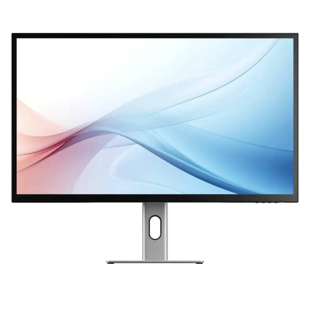 Flach-Bildschirm-Computermonitor mit abstraktem blauem und rosa Wellen-Hintergrund auf weißem Hintergrund, Vorderansicht auf einem Ständer.