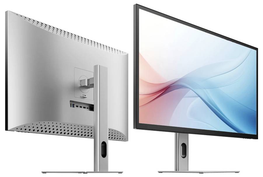 Vorder- und Rückansicht eines modernen gebogenen Computermonitors auf einem Ständer, die die Bildschirmanzeige und die hinteren Anschlüsse zeigen, in einem produktstilisierten Bild.