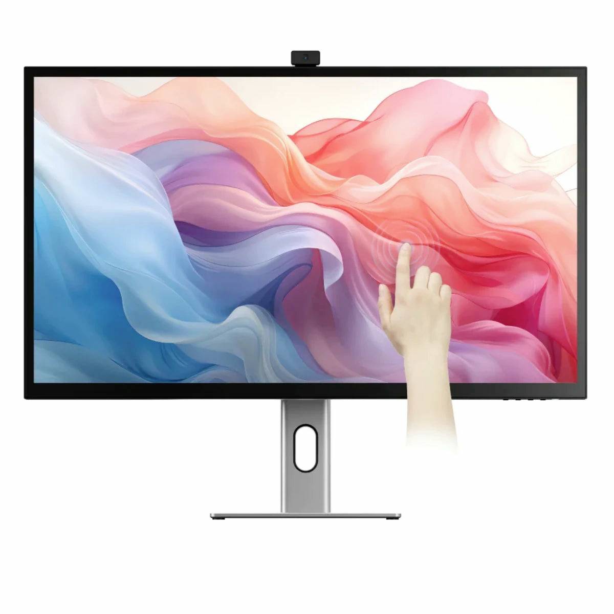 Flachbildschirm-Monitor mit farbenfrohen abstrakten Wellen, eine Hand berührt den Bildschirm, als würde sie Touchscreen-Steuerelemente verwenden.
