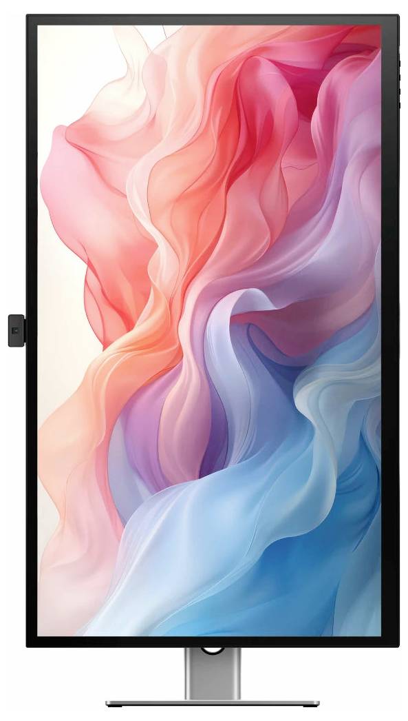 Vertikale digitale Anzeige, die abstrakte rosa, violette und blaue fließende Formen auf weißem Hintergrund zeigt, montiert auf einem Ständer.