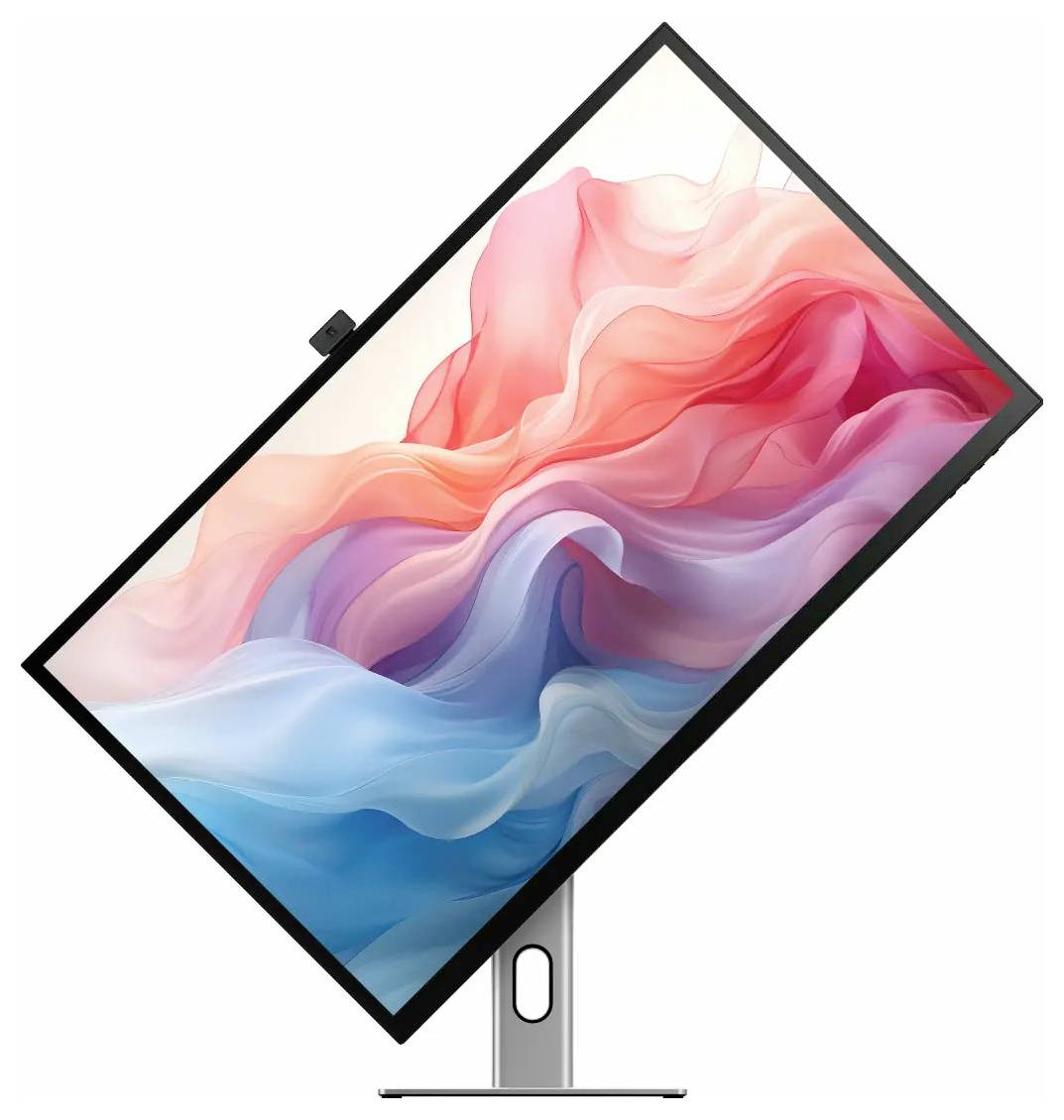 Ein Computermonitor auf einem Ständer, der eine farbenfrohe abstrakte Tapete mit rosa, lila und blauen Wellen anzeigt.