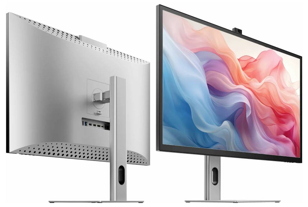 Zwei Ansichten eines schlanken silbernen Desktop-Monitors auf einem Ständer, die die Vorderseite mit einem farbenfrohen abstrakten Display und die Rückseite mit Lüftungsöffnungen und Anschlüssen zeigen.