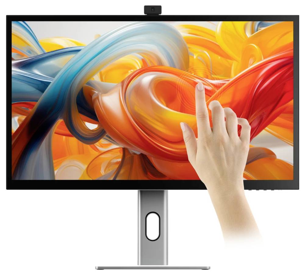 Hand, die einen Monitor berührt, auf dem farbenfrohe abstrakte Wirbel angezeigt werden, was auf ein Touchscreen-Display oder eine interaktive Benutzeroberfläche hindeutet.