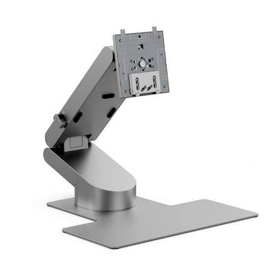 Verstellbarer Metallmonitorständer mit Scharnierarm und flacher Basis, auf weißem Hintergrund dargestellt.