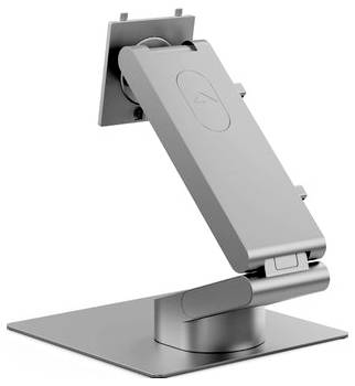 Verstellbare Silbermetall-Gerätehalterung auf quadratischer Basis, dargestellt in aufrechter Neigung mit einem angelenktem Stützarm.