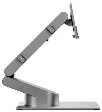 Verstellbarer Monitorarm auf rechteckiger Basis, in einer Seitenansicht mit nach oben geneigtem Bildschirm dargestellt.