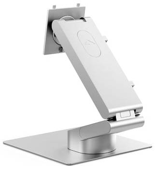 Verstellbarer silberner Metall-Ständer für Telefon oder Tablet auf rechteckiger Basis, in Seitenansicht dargestellt mit einem beweglichen Arm und einer Wandmontagehalterung.