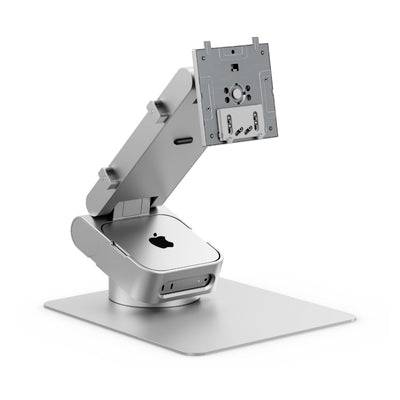 Verstellbarer Metallständer im iMac-Stil auf flacher Basis, gezeigt mit nach oben geneigter Monitorhalterungsplatte.