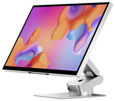 Apple-artiger Desktop-Monitor auf einem Metallständer, von der Seite gezeigt mit farbenfrohem abstraktem Display.