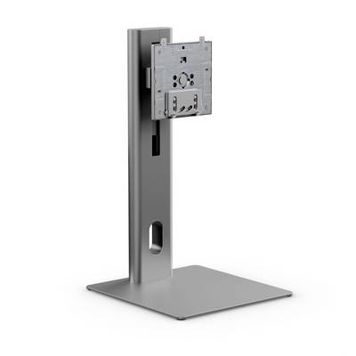 Metallständer mit rechteckiger Grundplatte und vertikaler Säule, die eine kleine Monitorhalterung trägt.